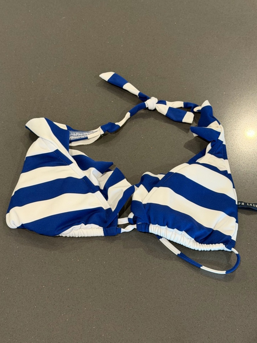 RALPH LAUREN Vintage Port Striped Blue and White Ruffle Halter Bikini Top EUC‎ S